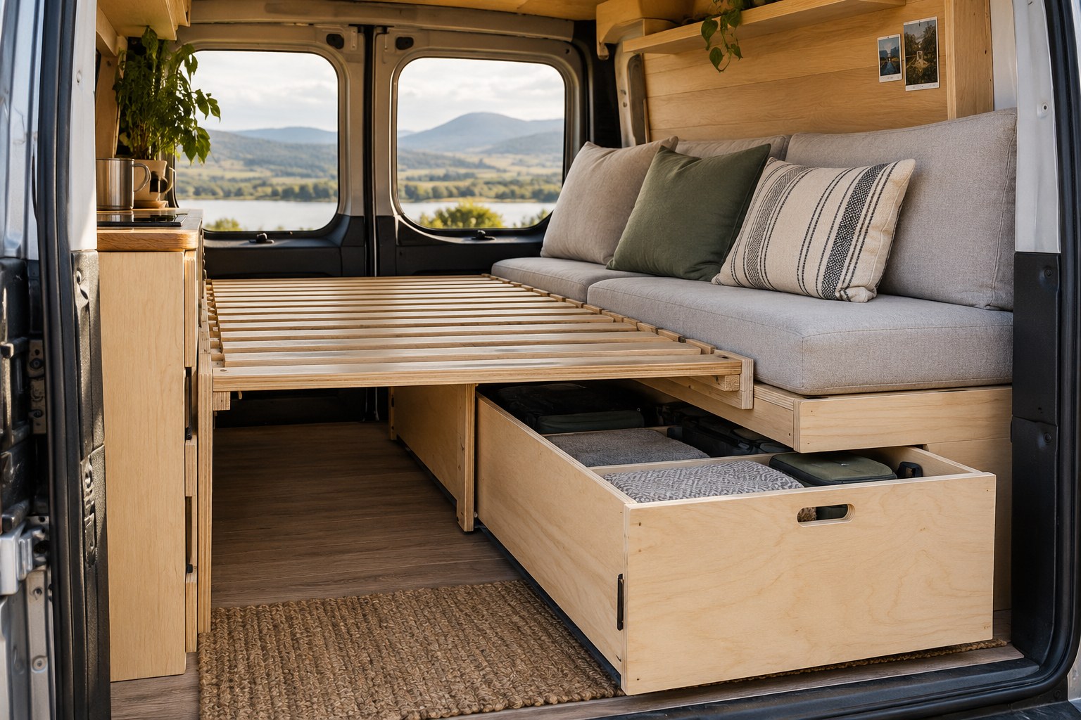 AI-generated concept of an extending slatted campervan bed above a storage drawer