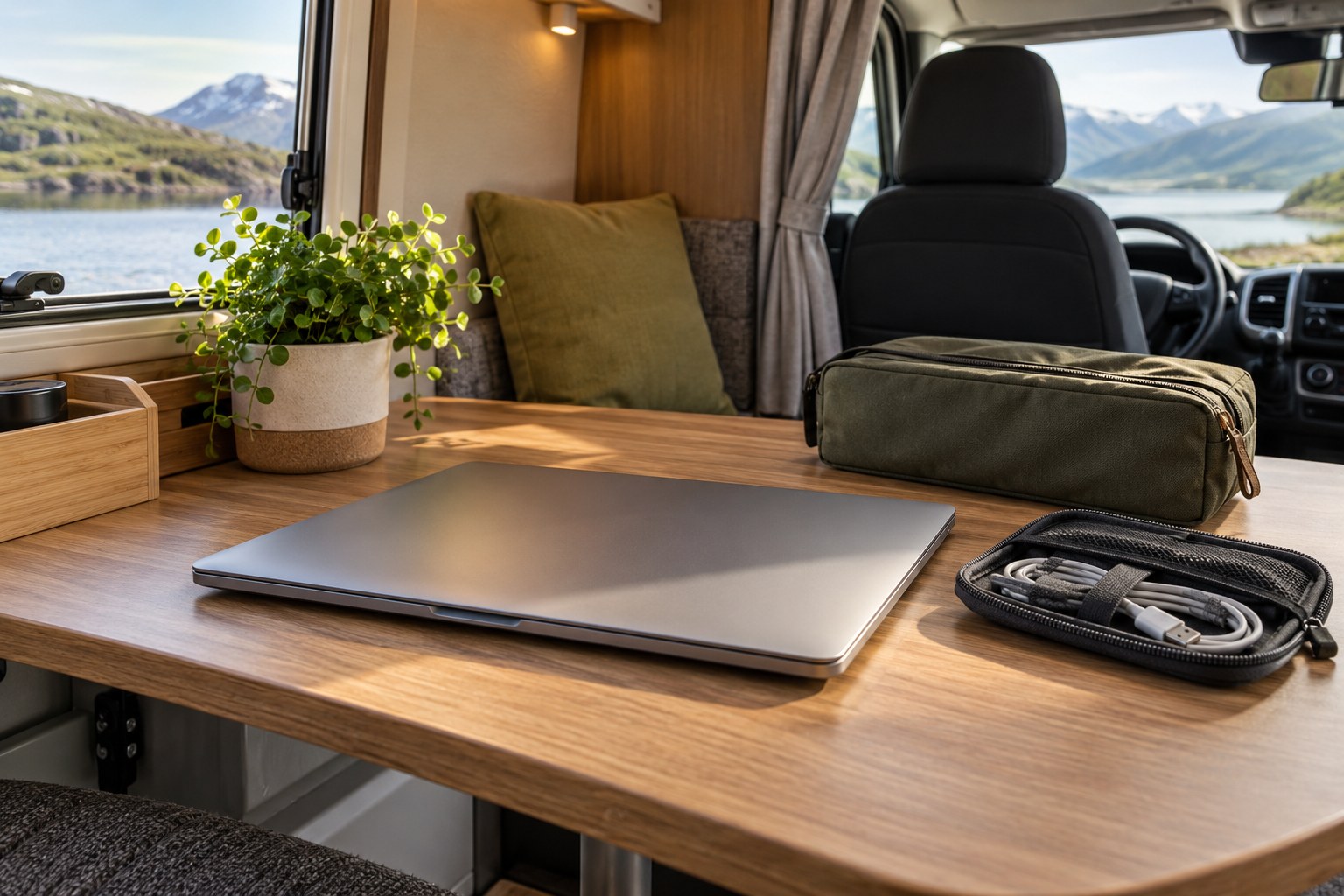 Closed laptop and charging cable on a campervan table