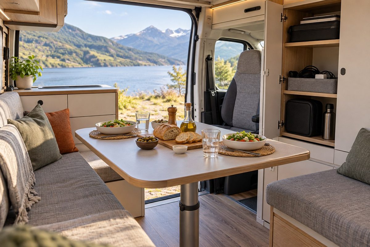 Campervan dining table set for lunch