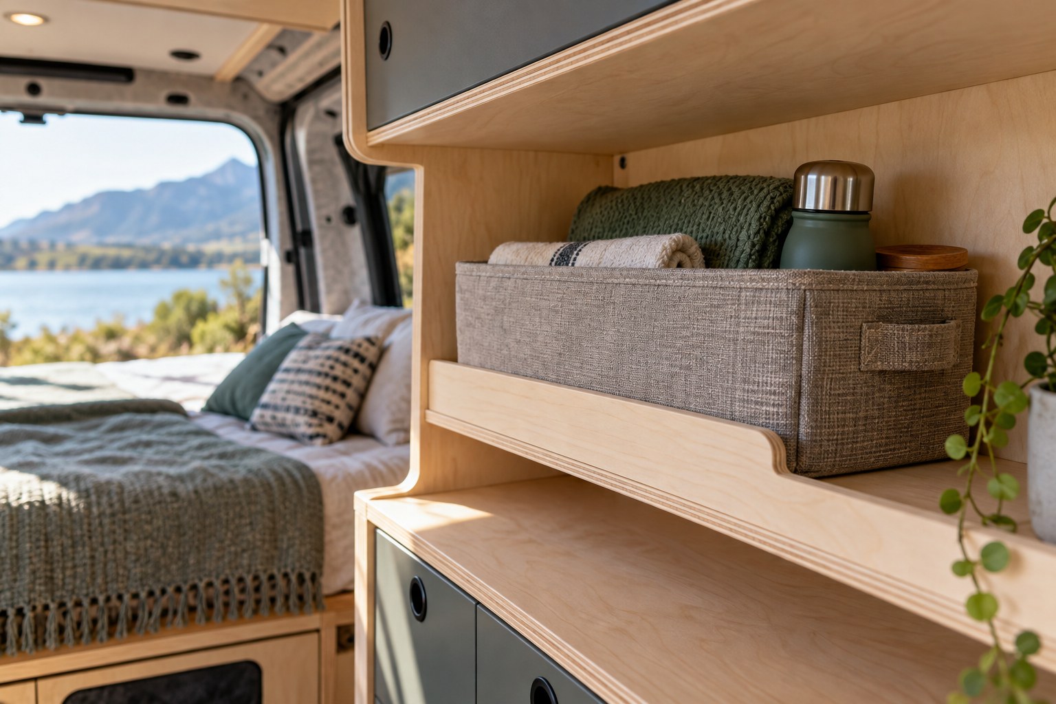 Fabric basket on a shallow campervan shelf