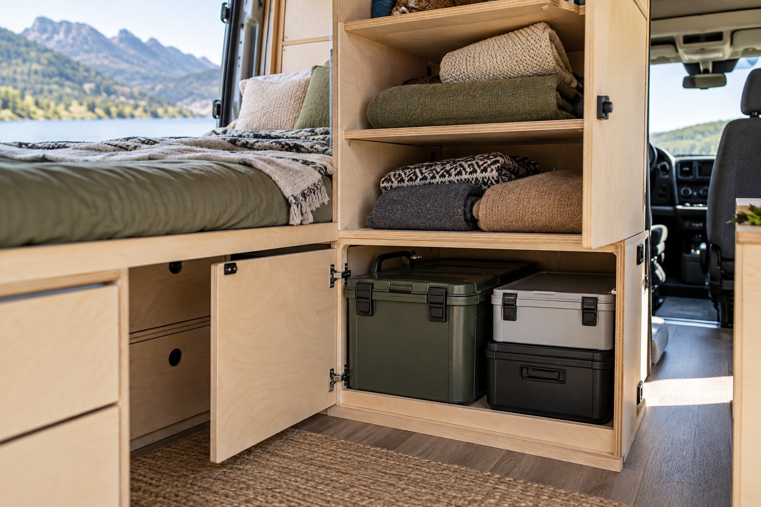 Light items on open shelves above lower storage boxes