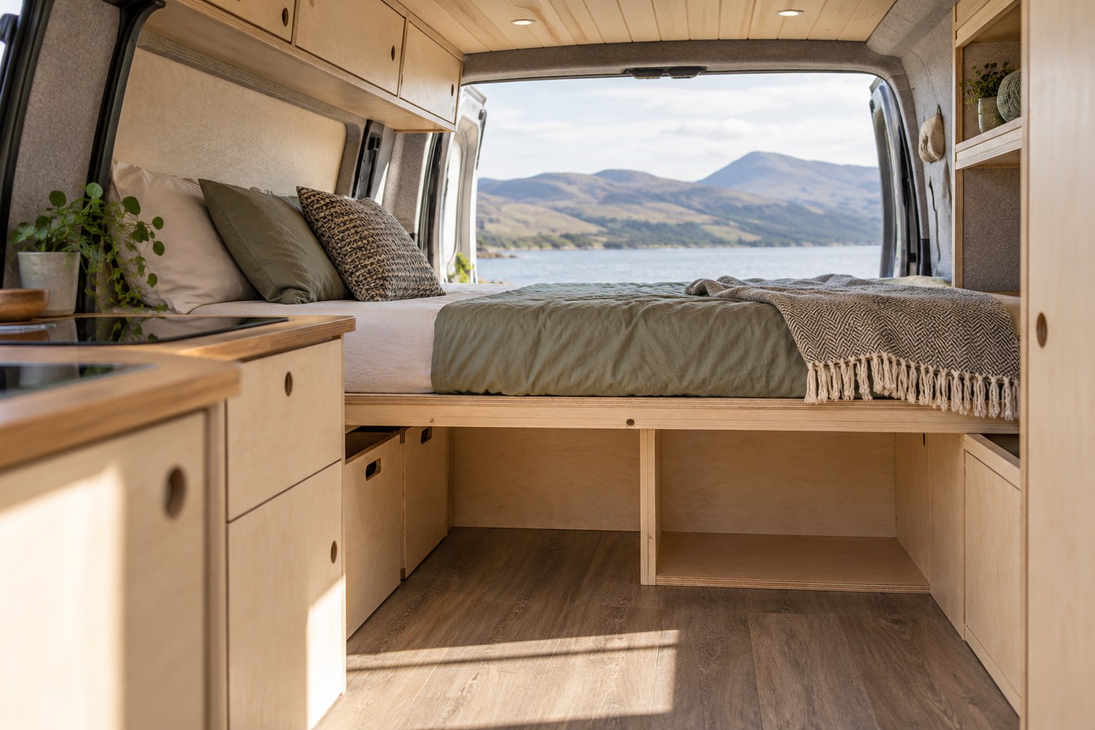 Side view of a campervan bed and finished mattress height