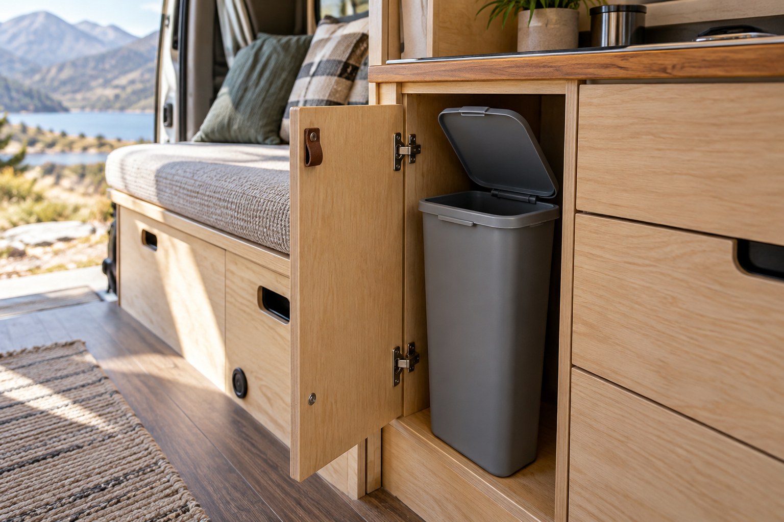 Slim lidded bin stored upright inside a campervan cabinet