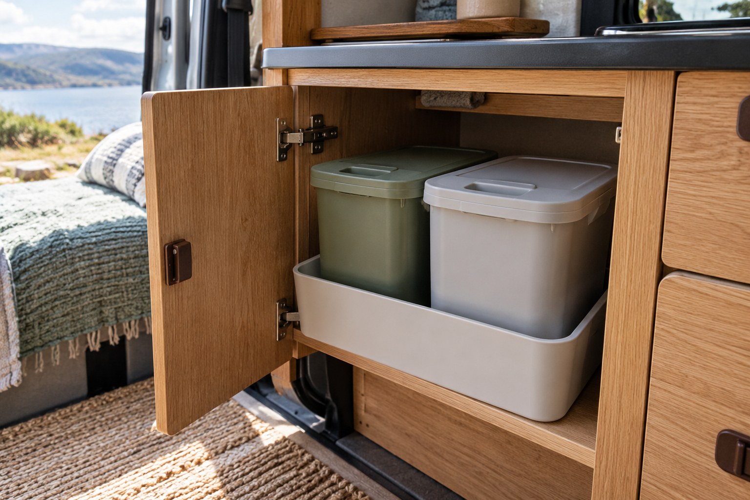 Two small sorting containers on a washable cupboard tray