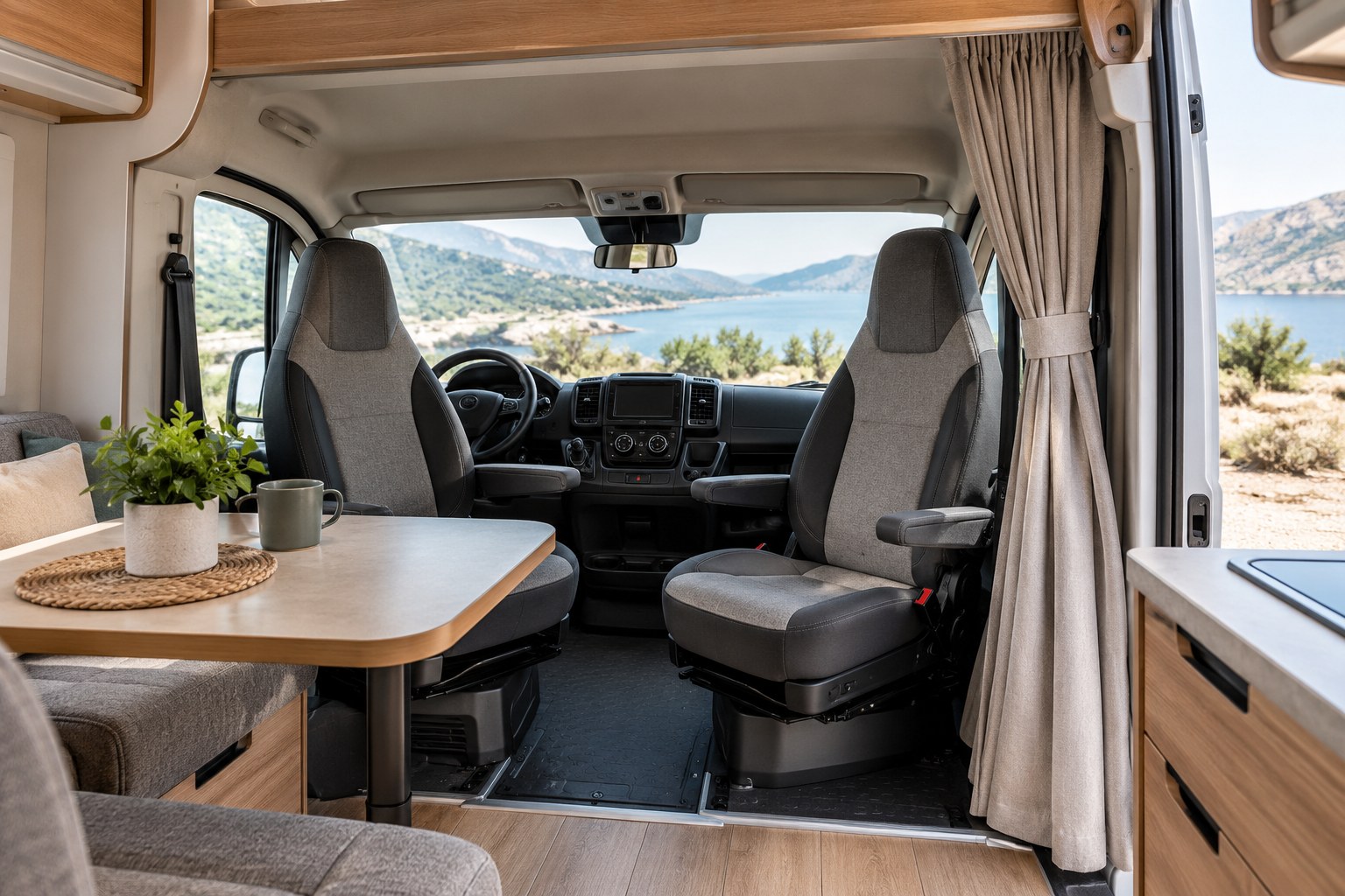 Open cab divider curtains framing the front seats