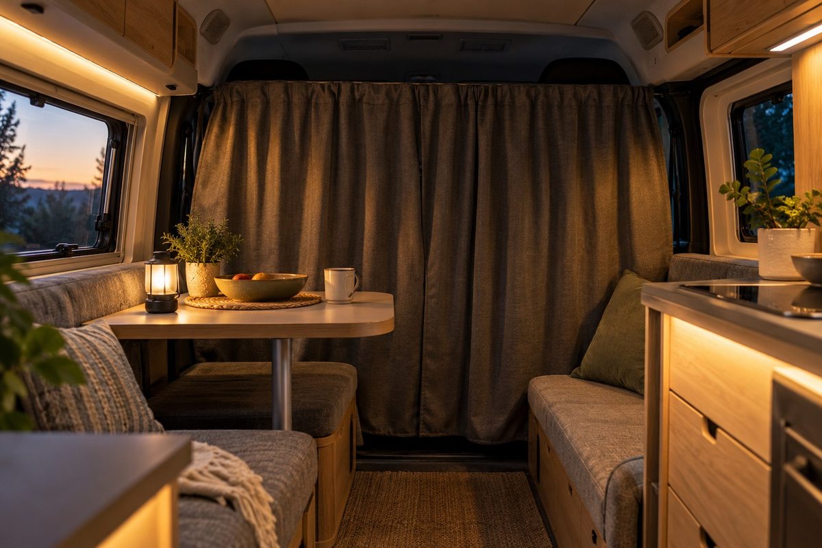 Closed cab divider curtain in an illuminated campervan