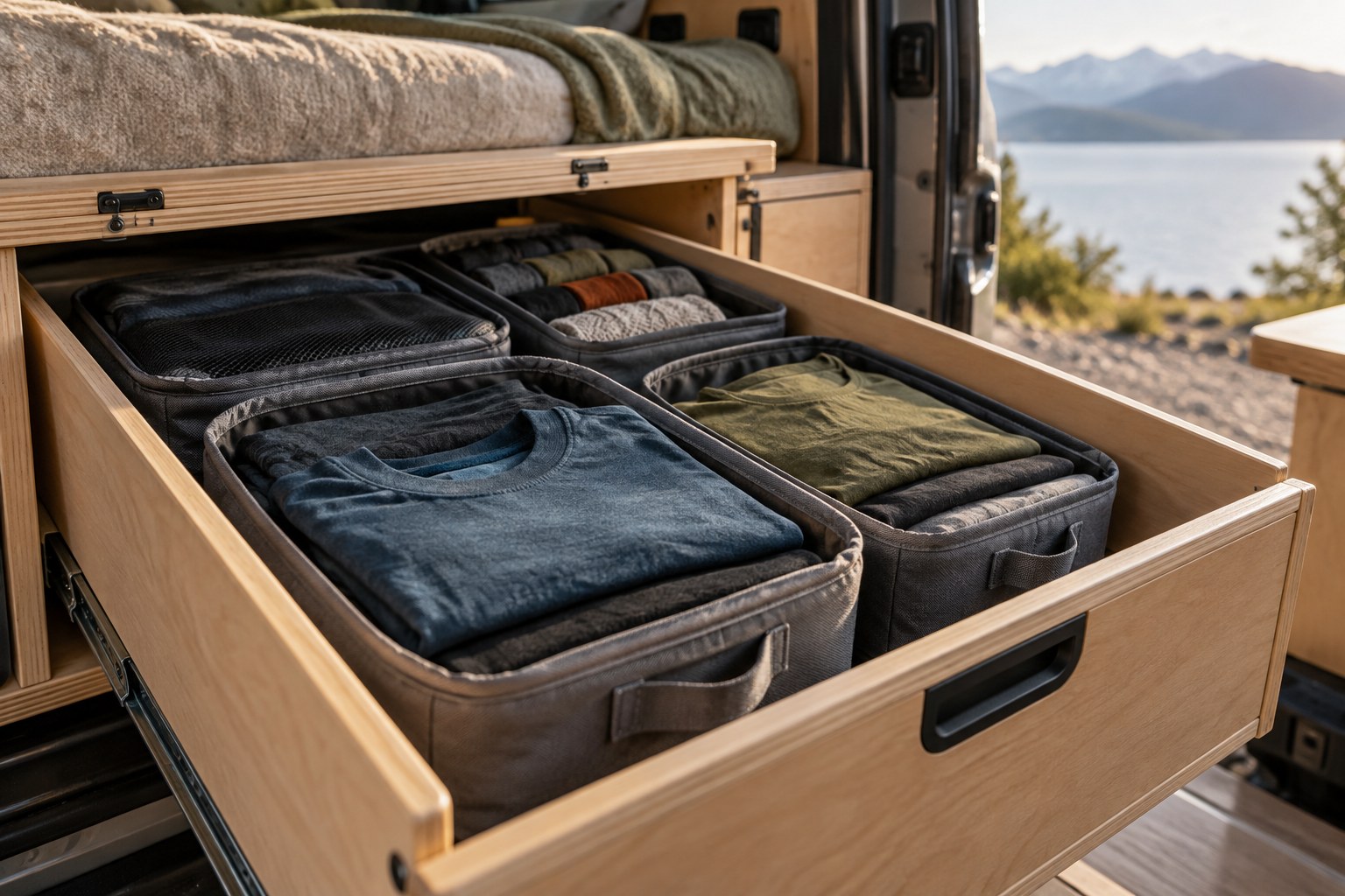 Packing cubes arranged in a campervan clothing drawer