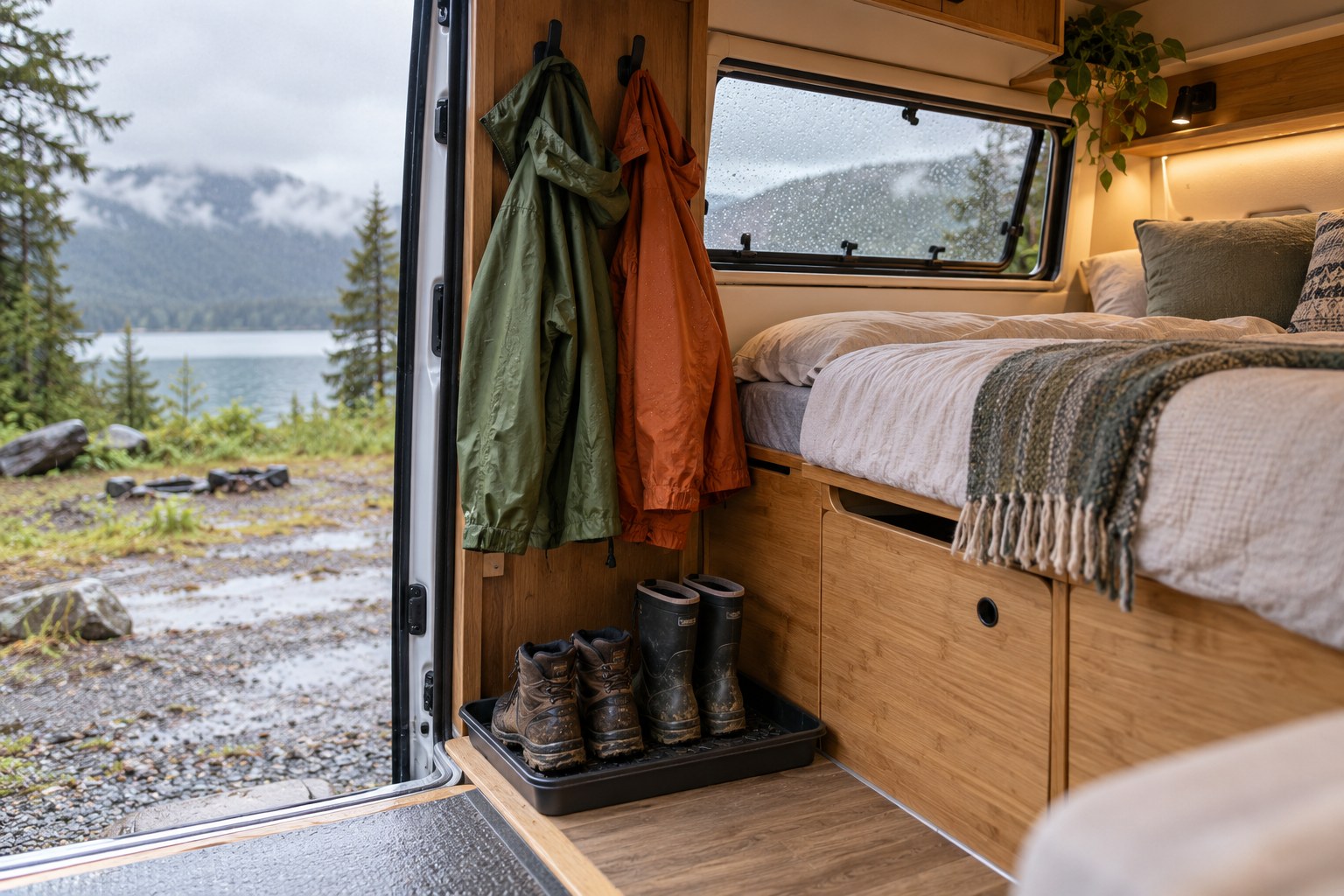 Rain jackets and boots beside a campervan entrance