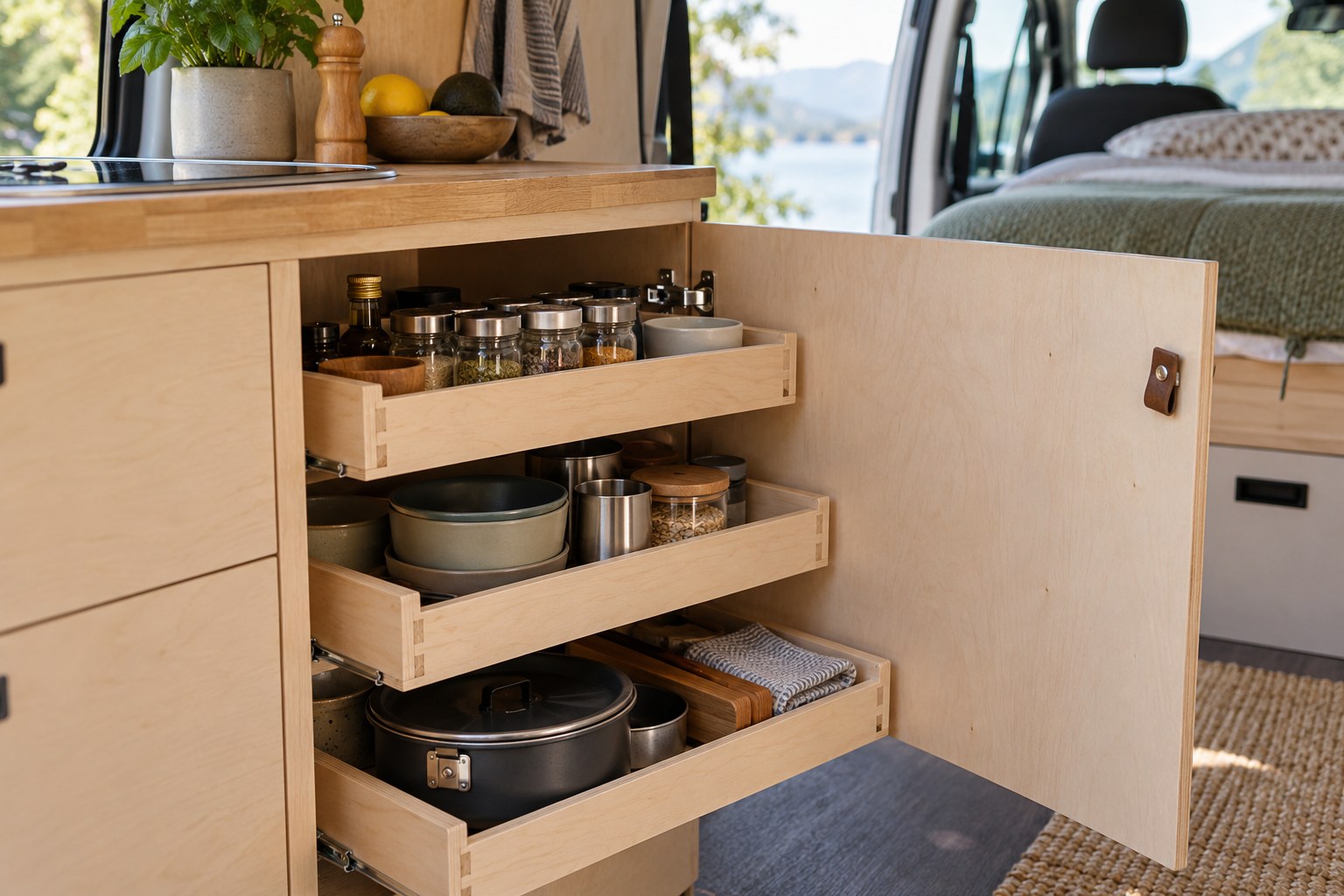 Removable shallow trays inside a plywood campervan cupboard