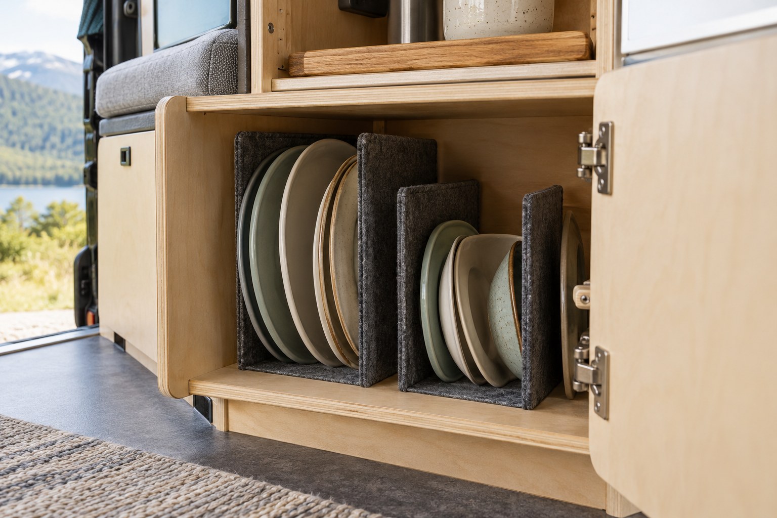 Plates separated by soft dividers inside a lower cupboard