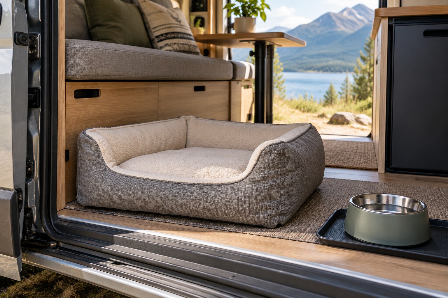 Removable dog bed and water bowl beside a campervan entrance