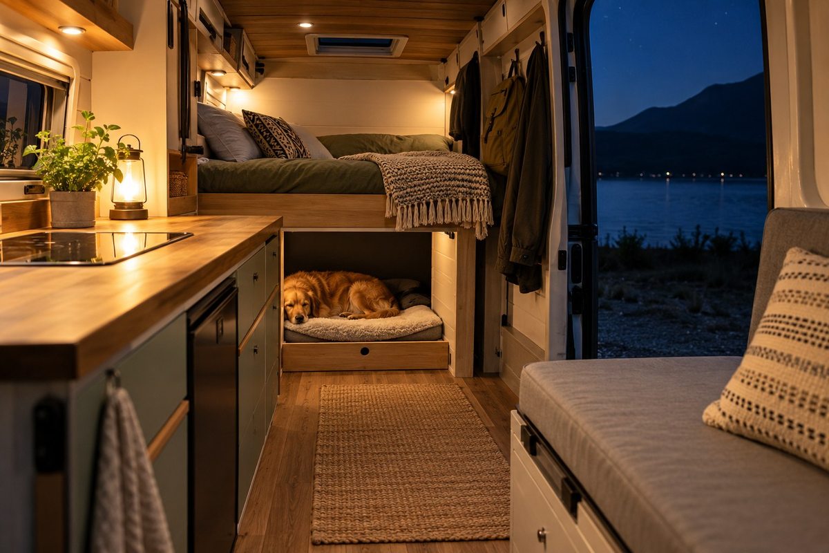 Low dog resting space in a campervan at night