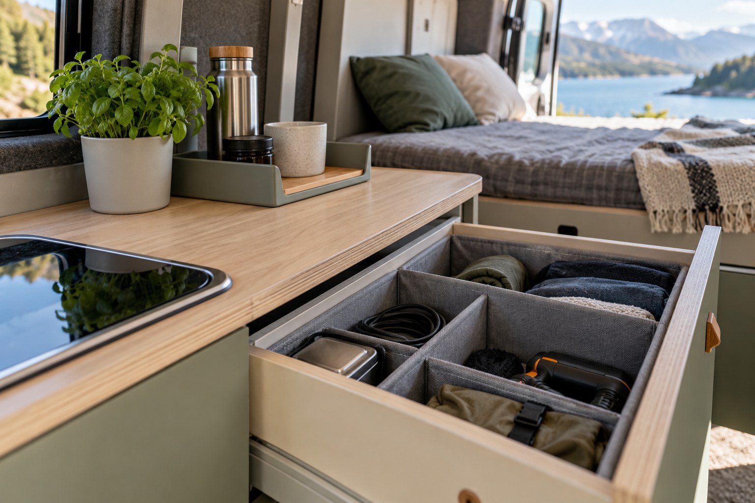 Small containers inside a campervan kitchen drawer