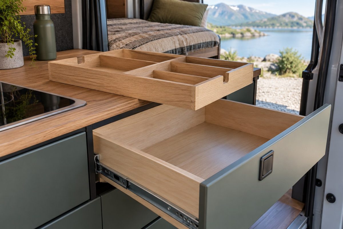 Removable wooden organiser lifted above an empty drawer
