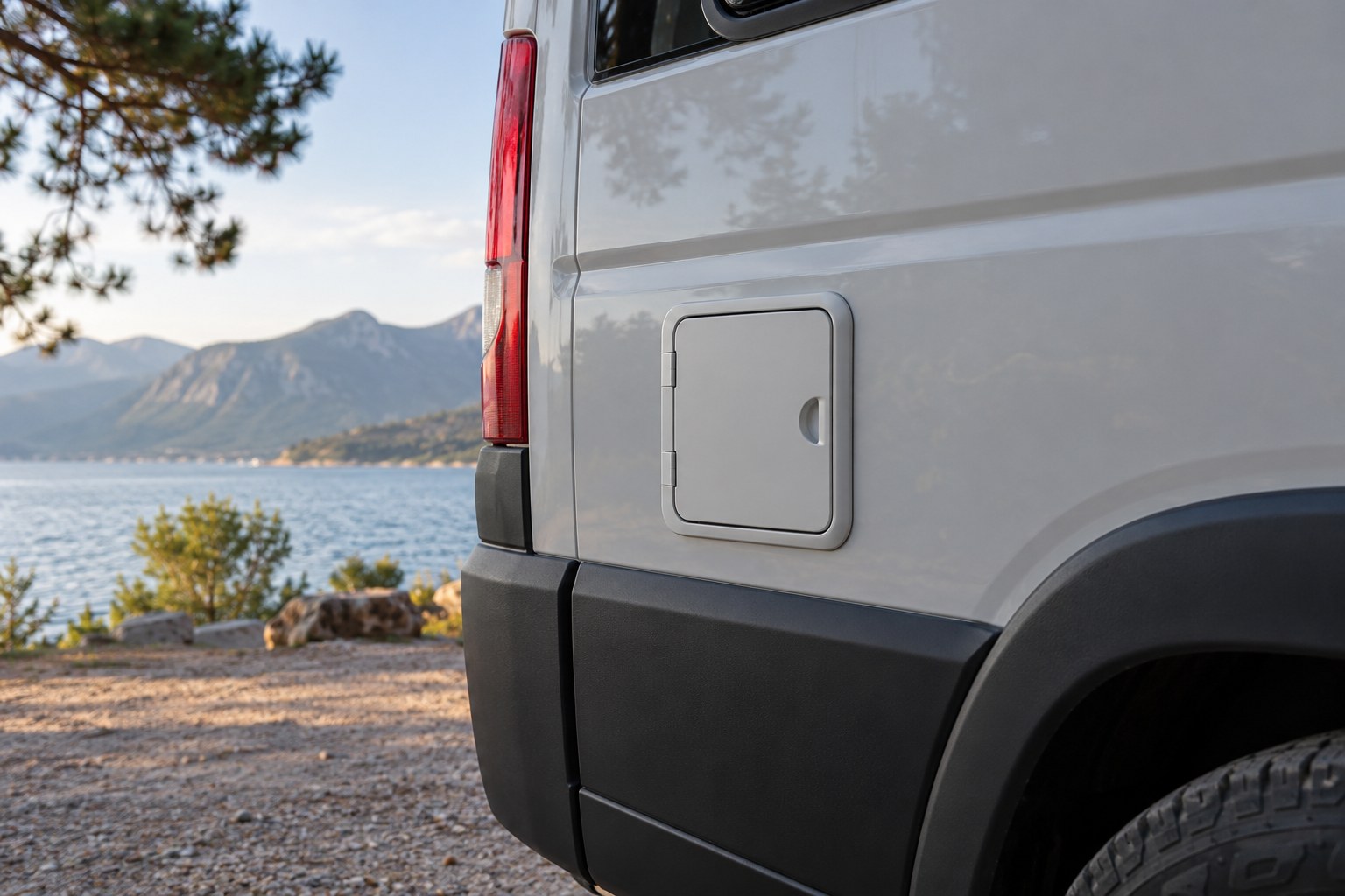 Closed exterior connection hatch on a campervan