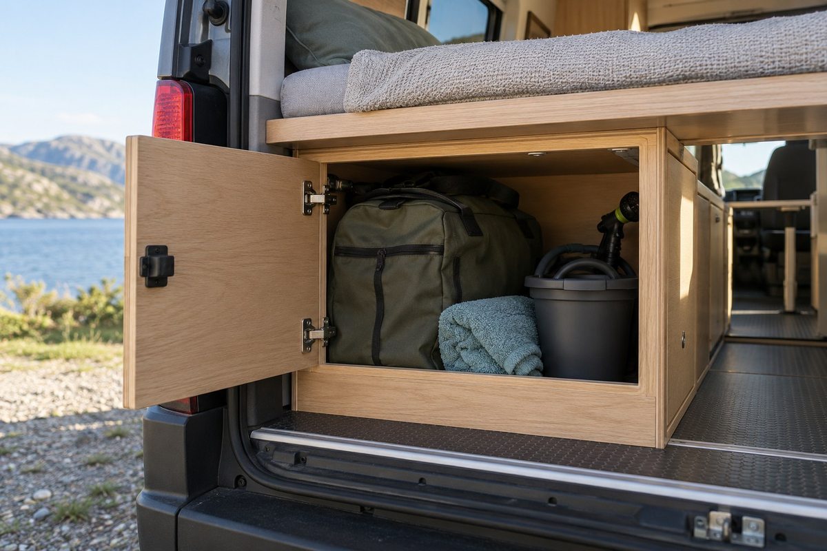 Outdoor equipment stored beneath a campervan bed