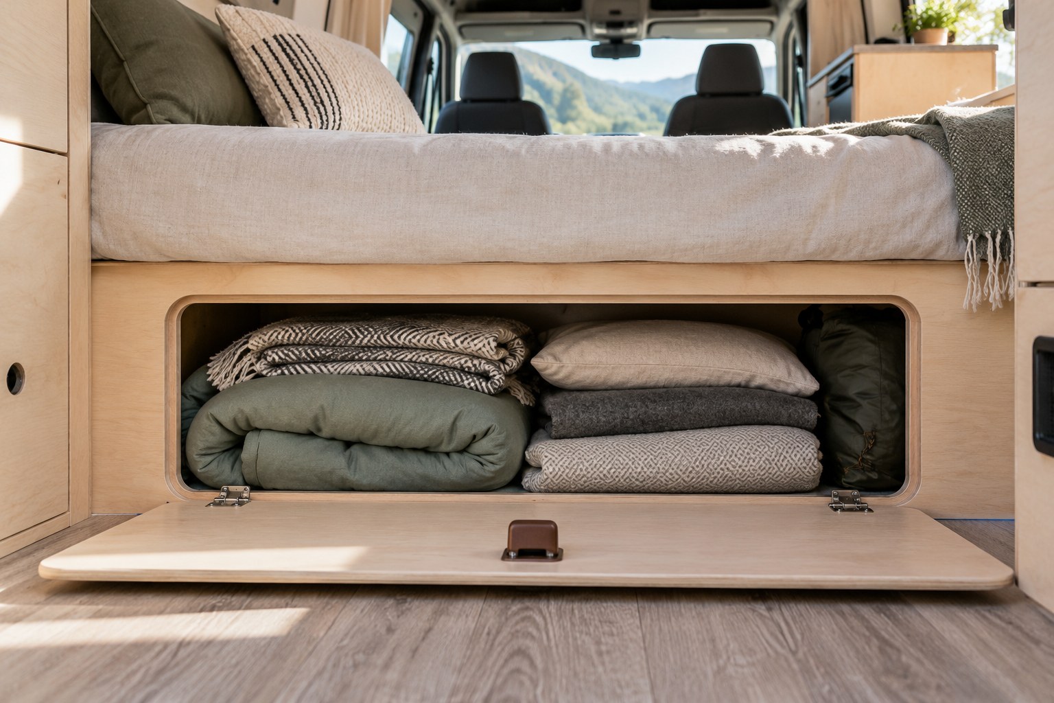 Front access hatch beneath a campervan fixed bed
