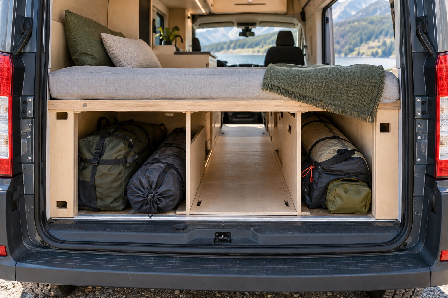 Rear access to equipment stored below a campervan bed