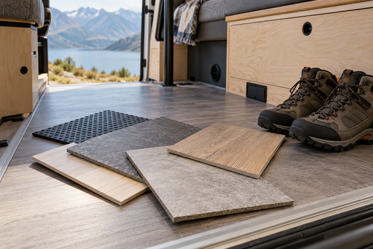 Flooring samples beside boots at a campervan entrance