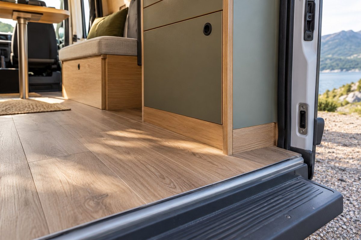 Finished campervan floor meeting the side-door threshold