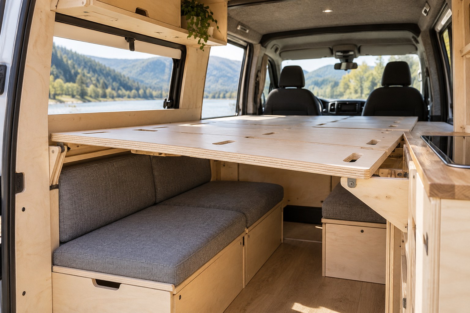 Partly opened campervan sleeping platform above low seating