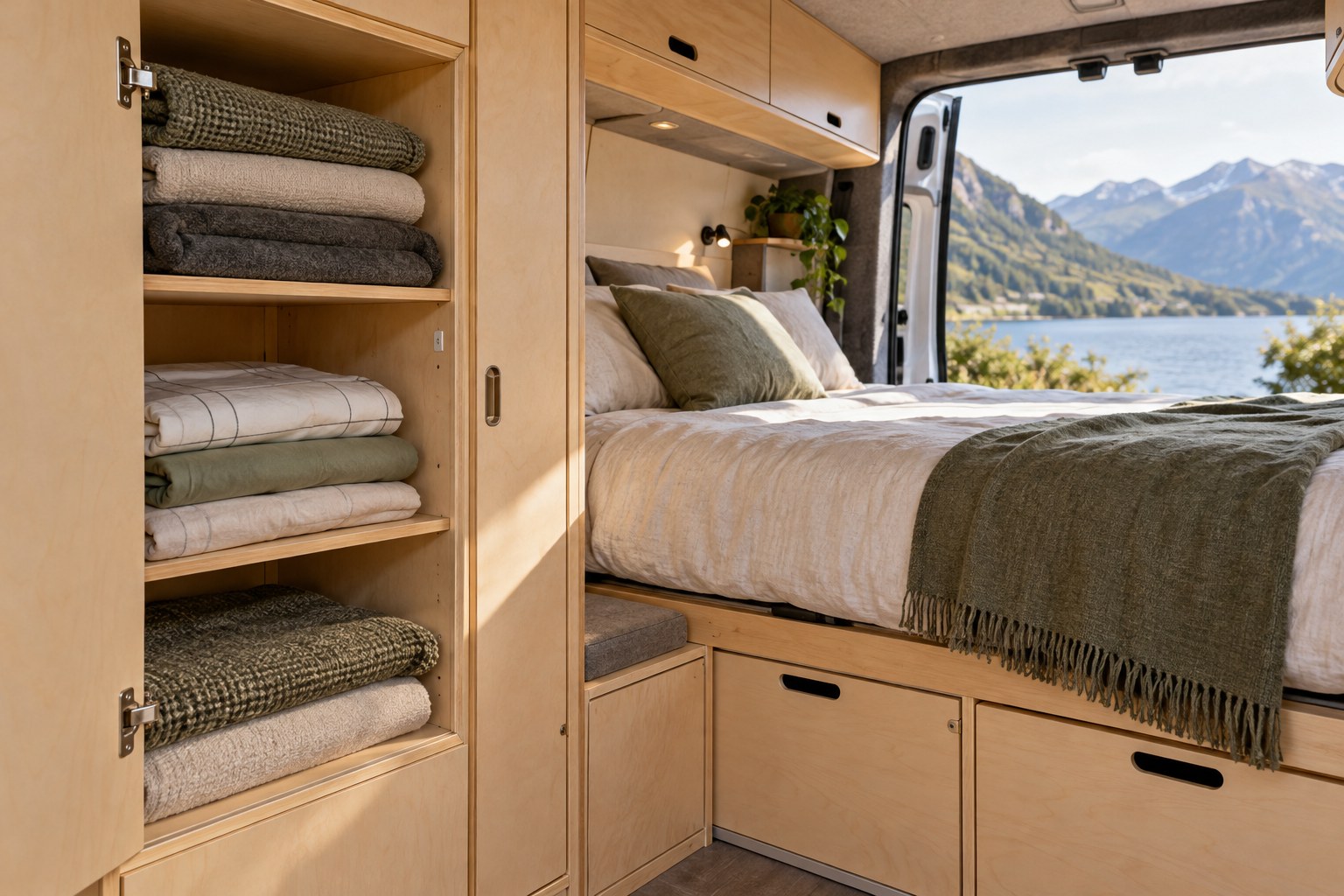 Bedding stored beside a made folding campervan bed