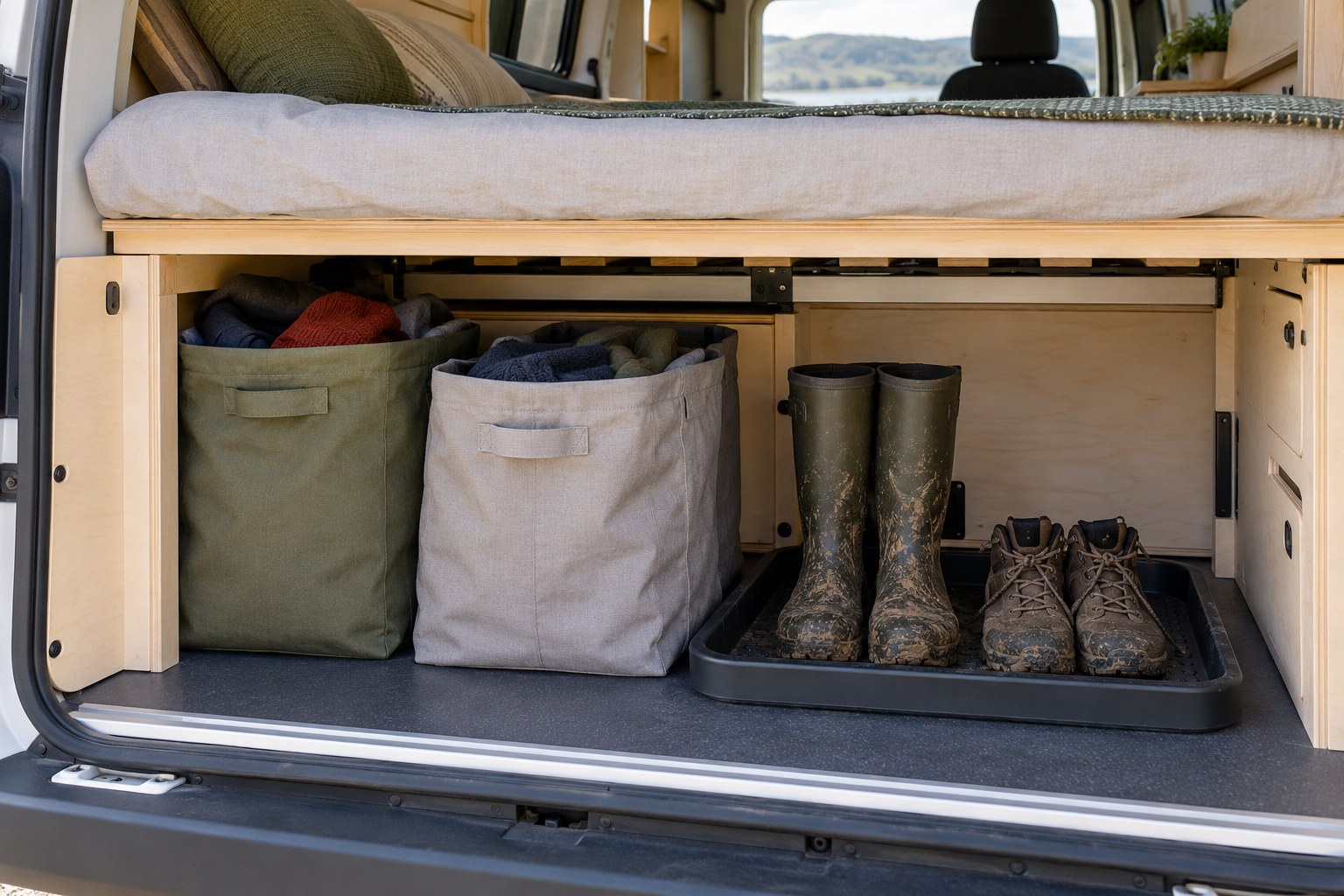 Separate gear bags and a washable boot tray in campervan storage