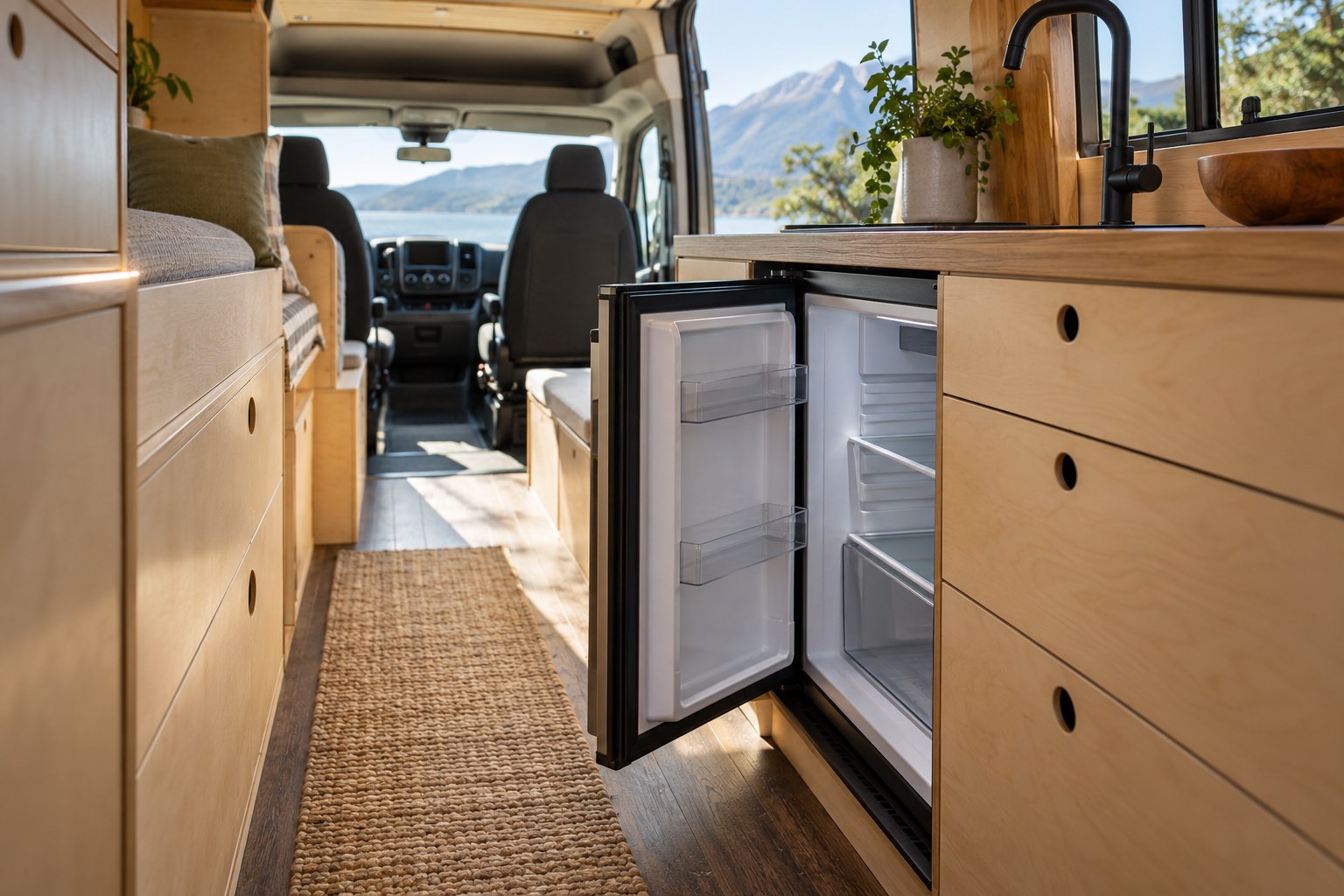 Partly open fridge door beside a clear campervan aisle