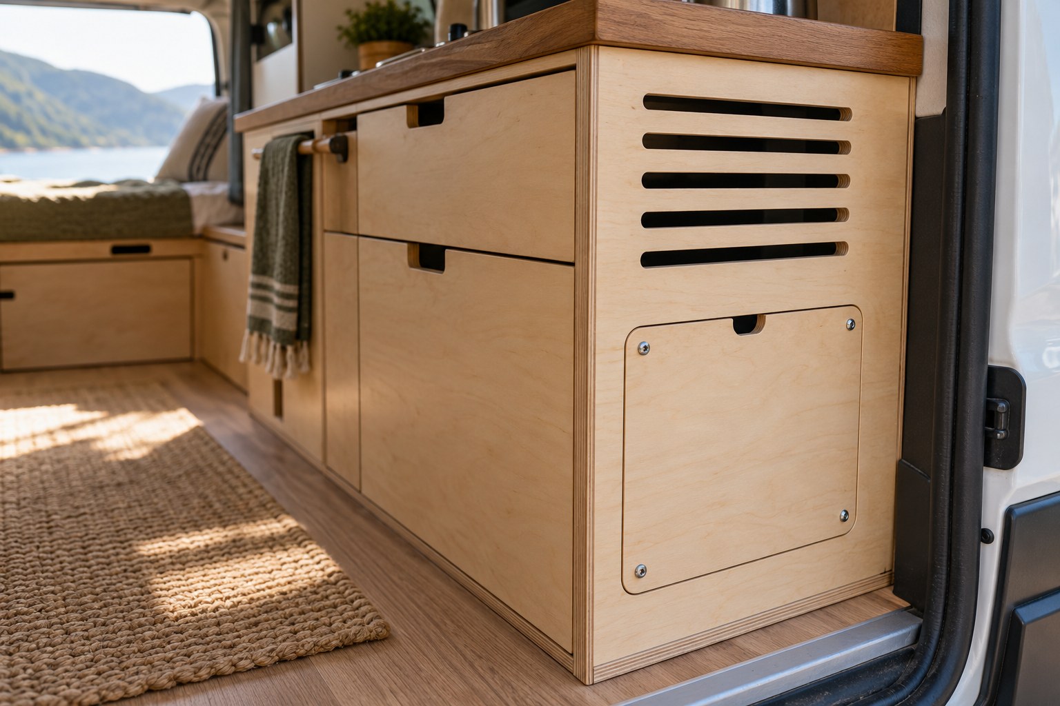 Vent slots and a service panel in a campervan kitchen cabinet