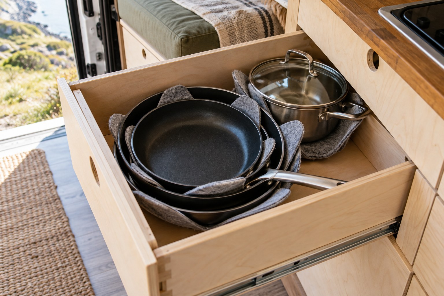 Nested pans with soft separators in a campervan drawer