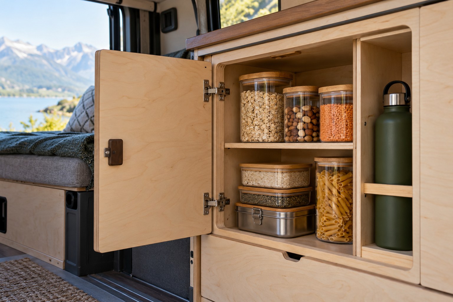 Dry food containers and a protected bottle inside a lower van cupboard