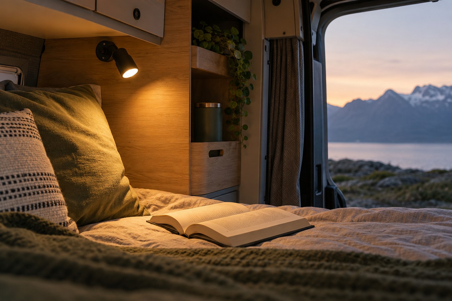 Reading lamp beside a campervan bed
