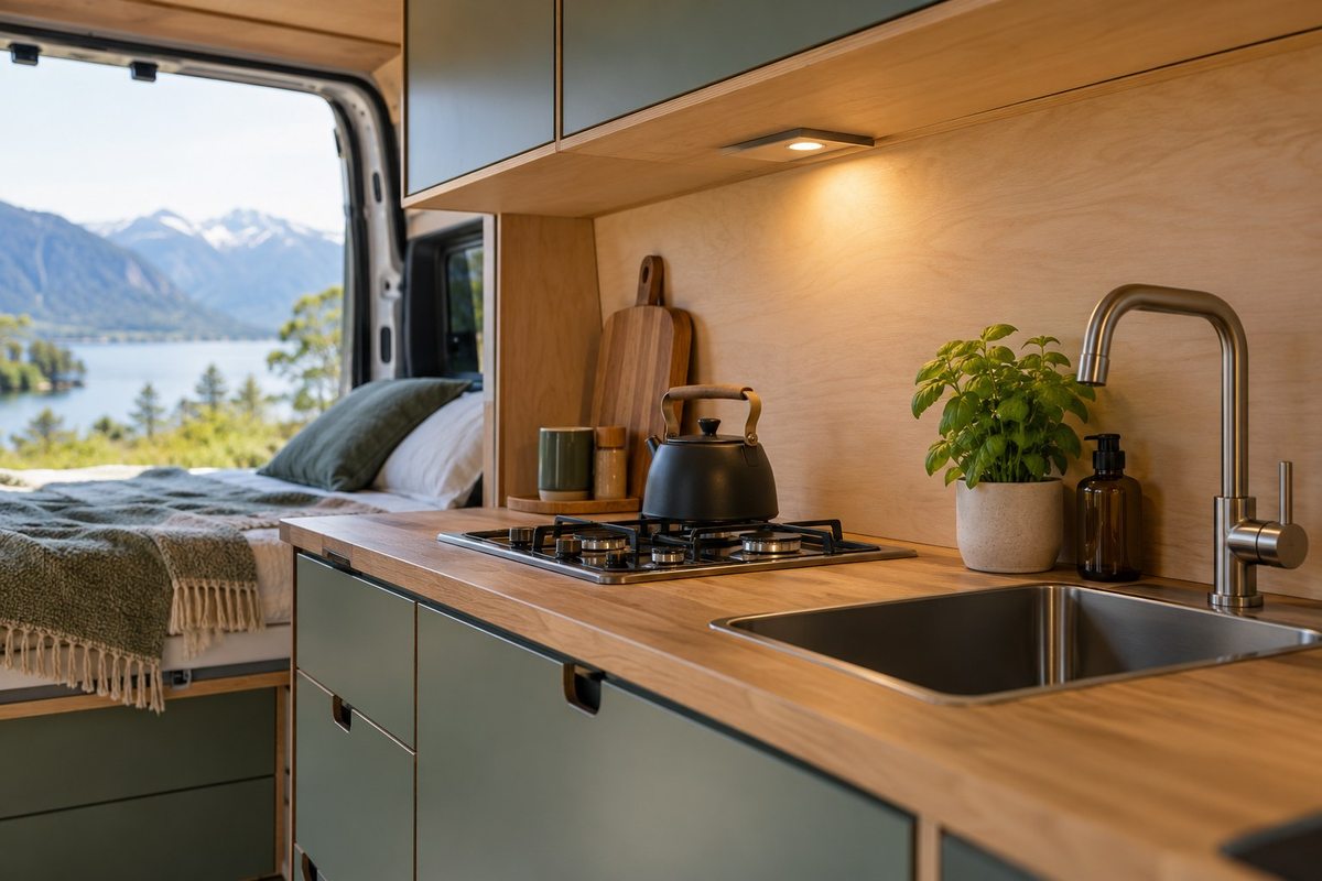 Task light above a campervan kitchen worktop