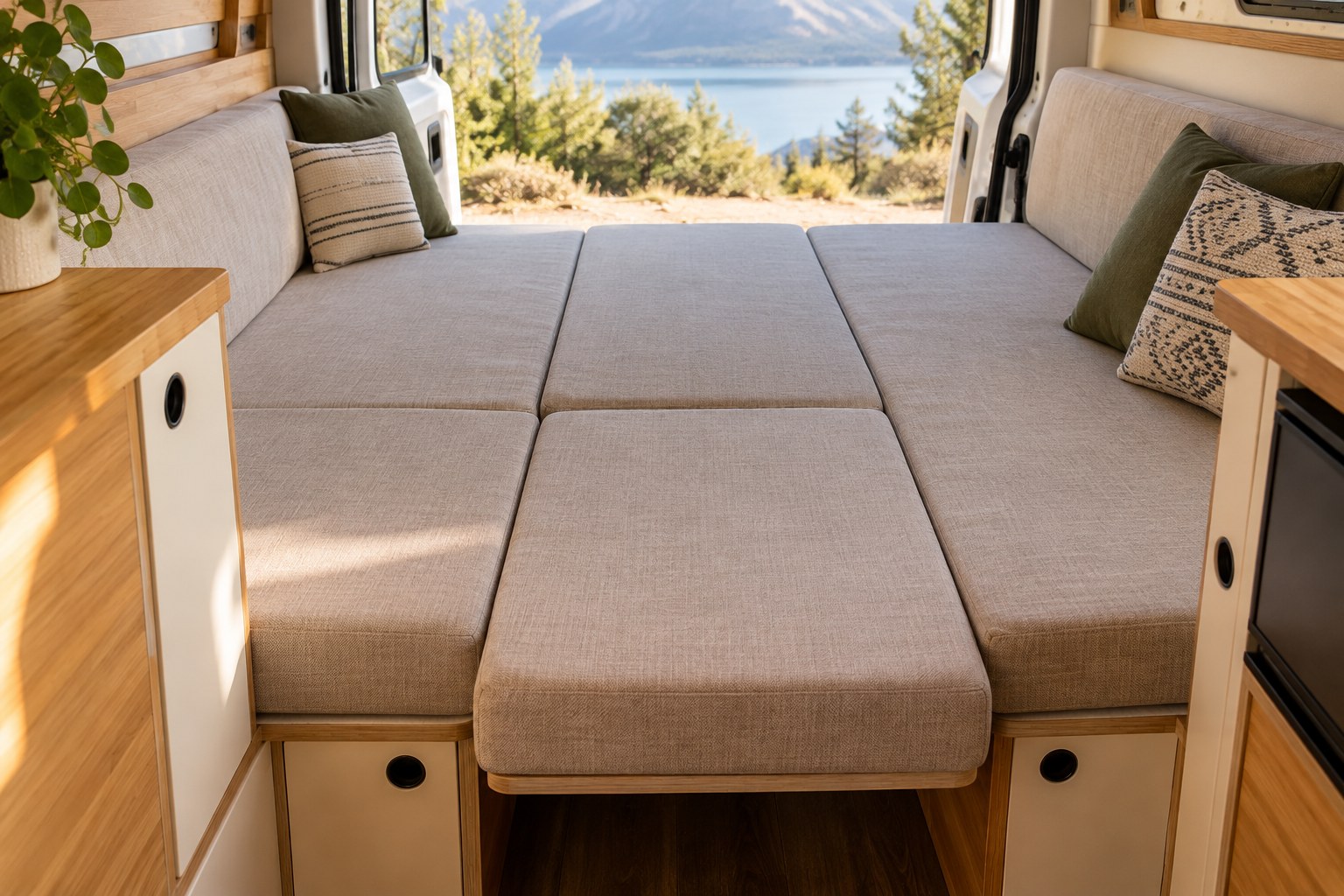 Separate covered mattress cushions fitted across a campervan dinette bed