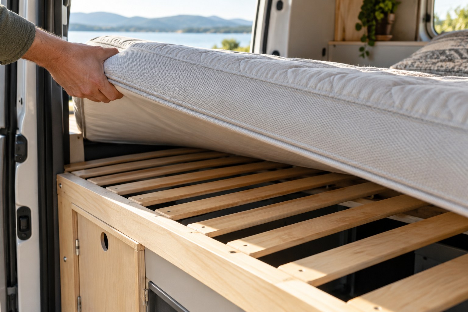 Mattress raised above a slatted campervan bed base