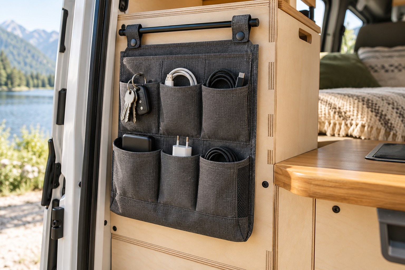Small items separated inside a removable campervan organiser