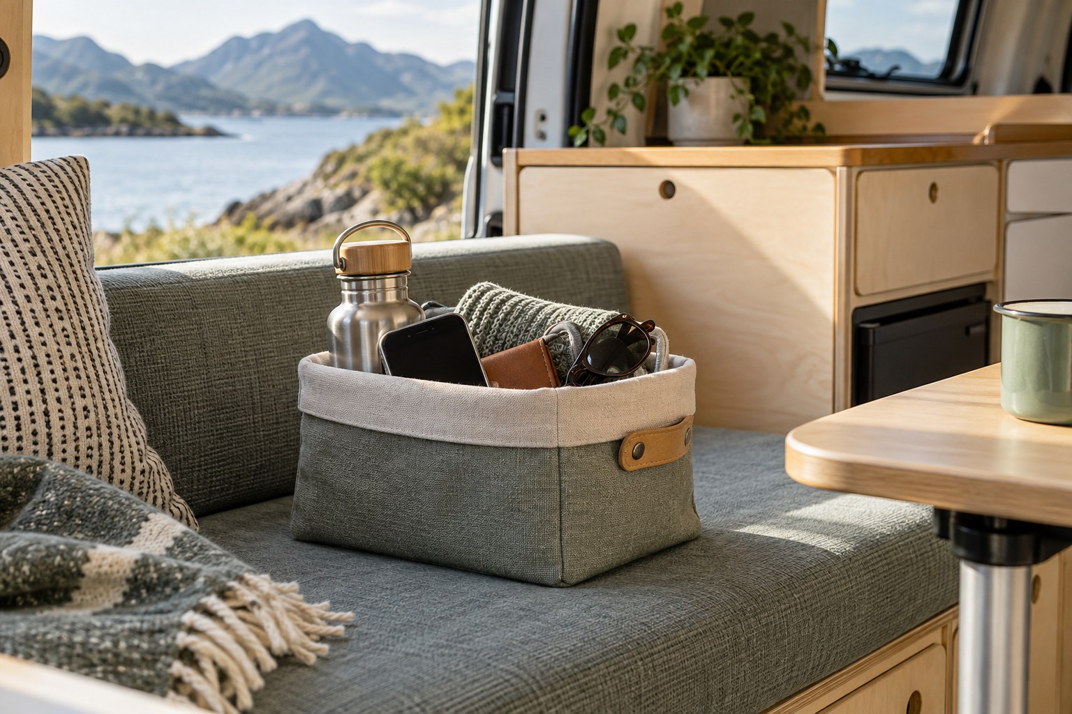 A fabric basket holding daily items on a campervan bench
