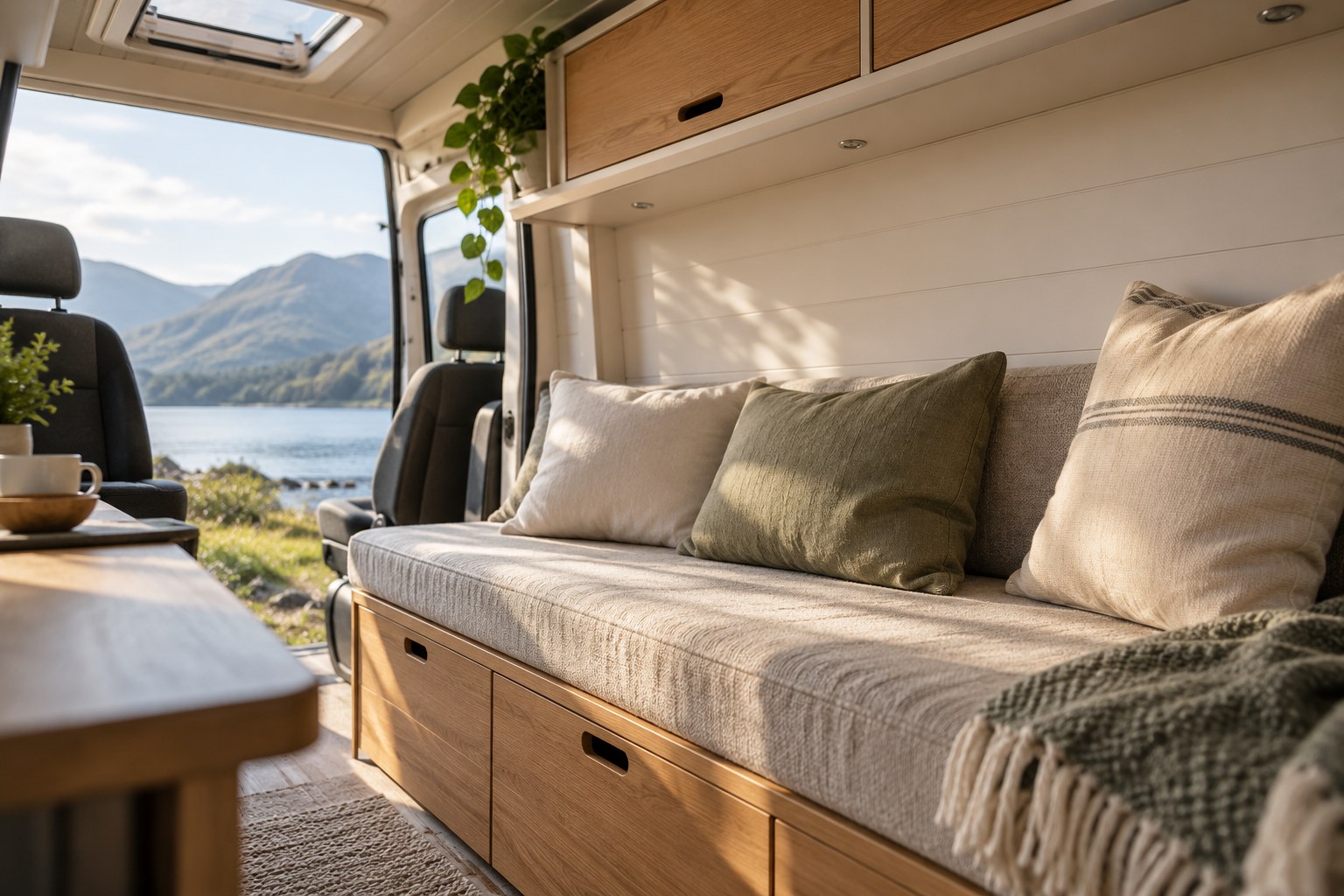 Campervan bench beneath shallow upper cupboards