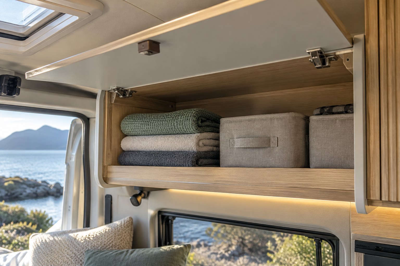 Light towels and soft organisers inside an upper campervan cupboard
