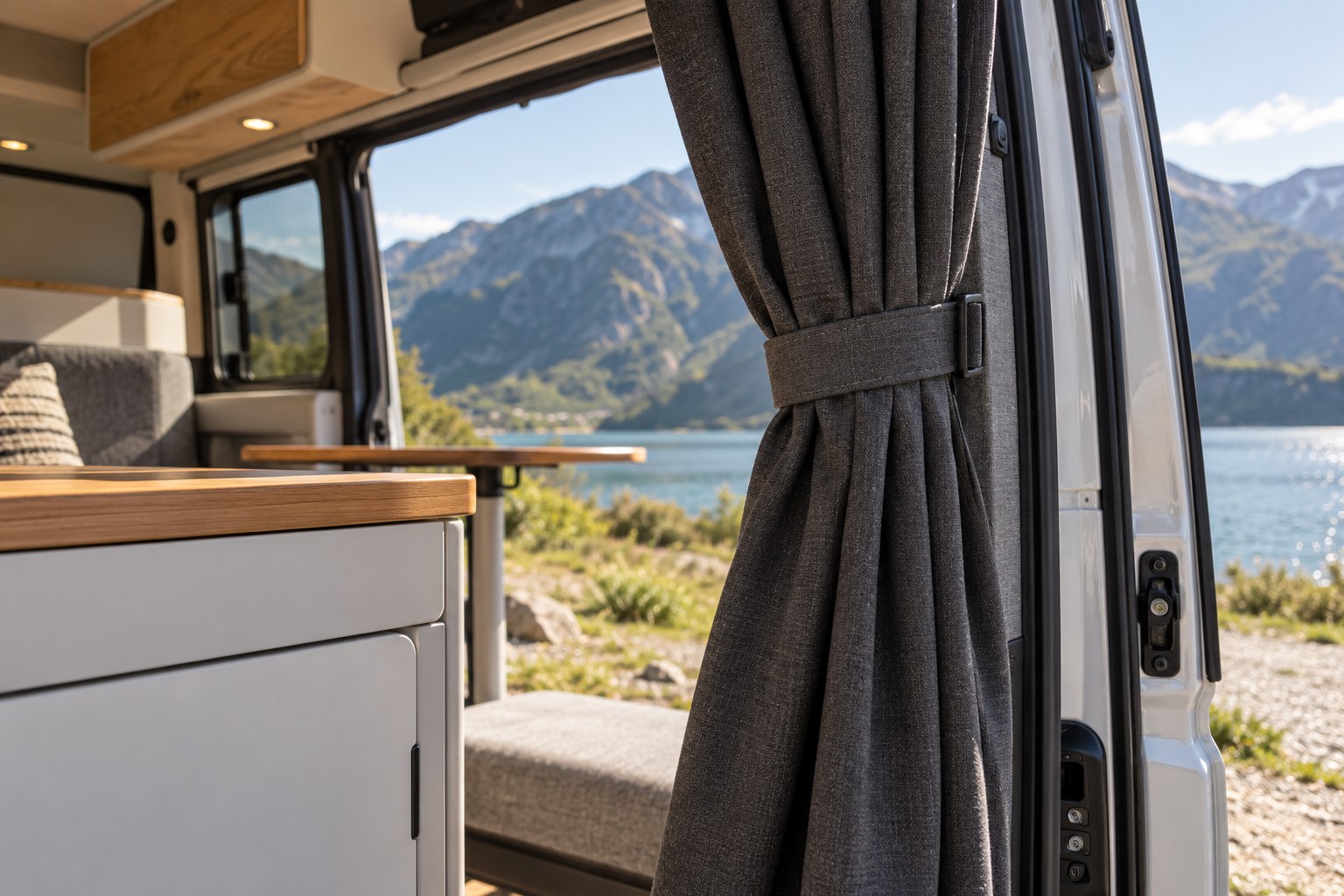 Curtain gathered beside an open campervan doorway