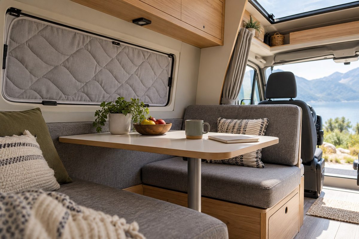 Fitted privacy cover beside a campervan dining area