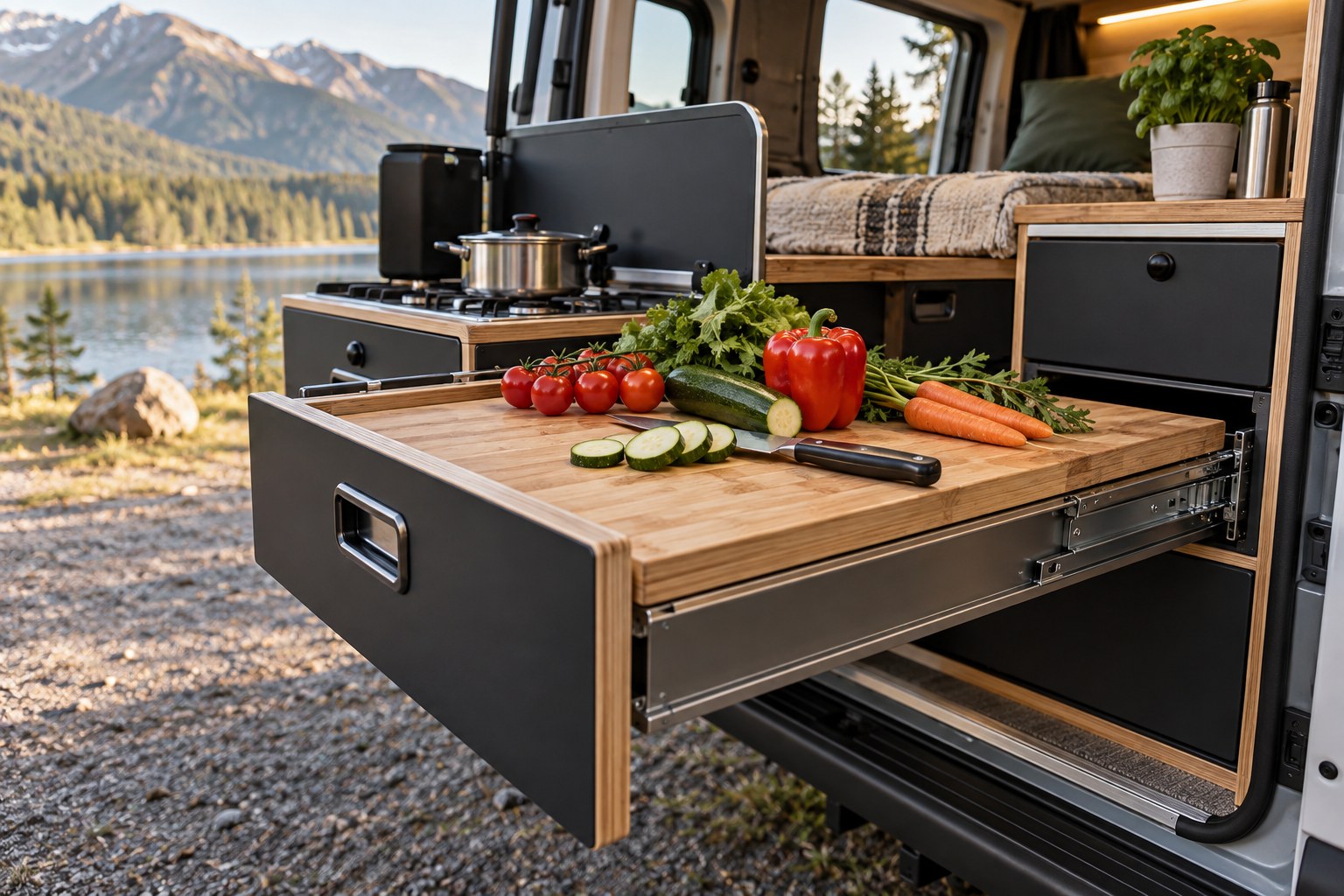 Extended campervan kitchen drawer with a chopping board and vegetables
