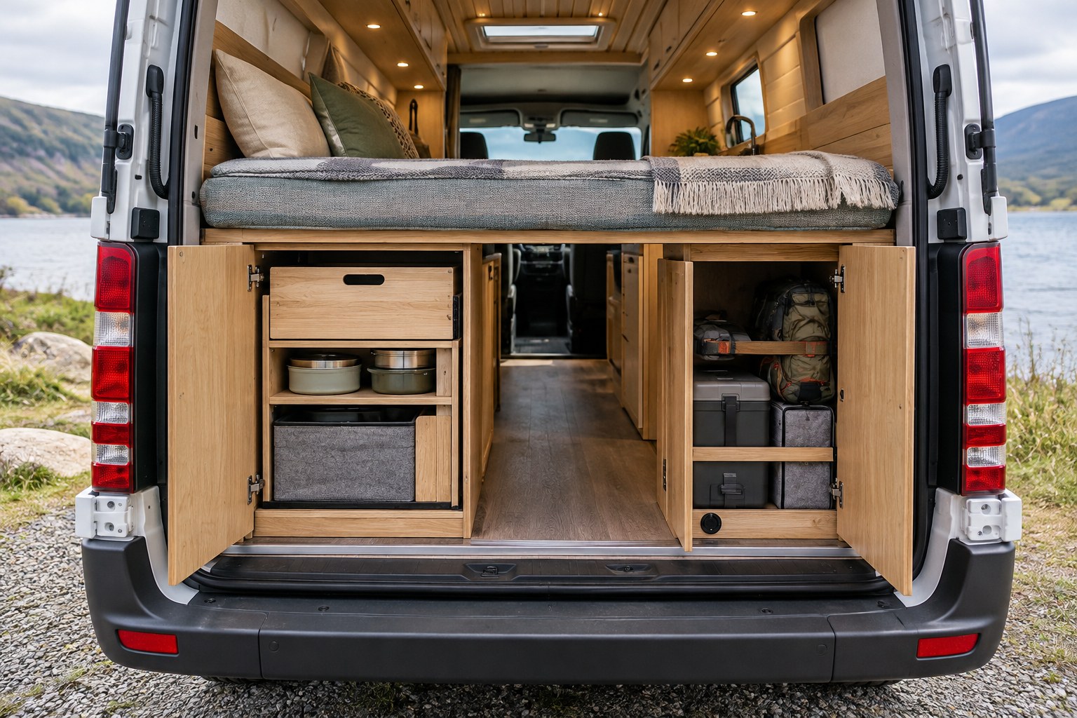 Campervan rear cabinet with the kitchen drawer stowed