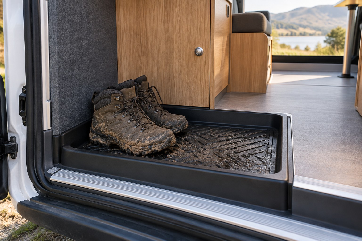 Hiking boots on a removable tray inside a campervan doorway