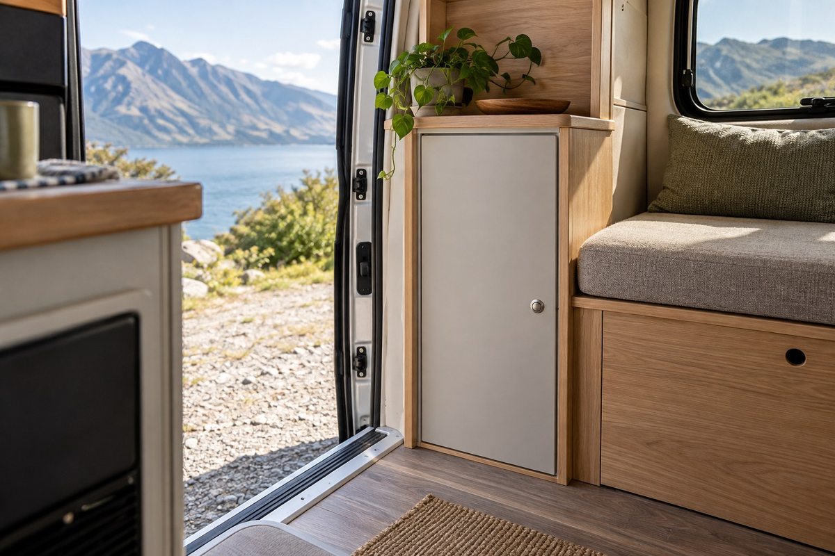 Closed cupboard beside a campervan entrance and bench