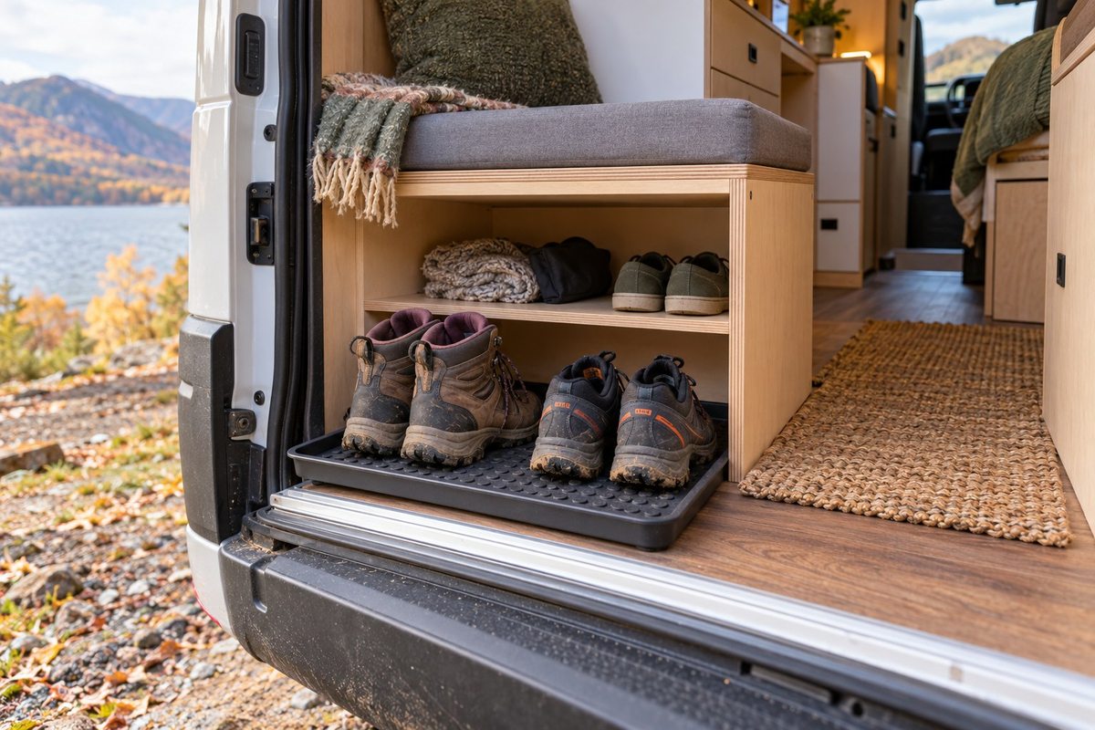 You are currently viewing Campervan Shoe Storage: Keep the Entrance Clear After a Wet Walk