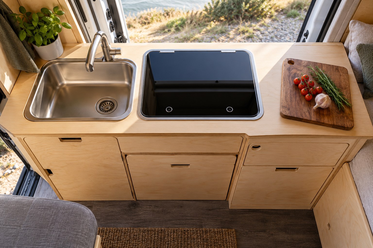 Sink and closed hob cover beside a separate chopping area