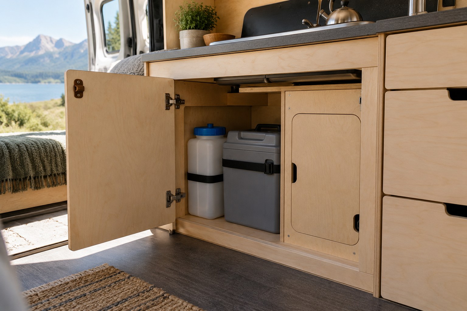 Accessible service panel in a campervan kitchen cupboard