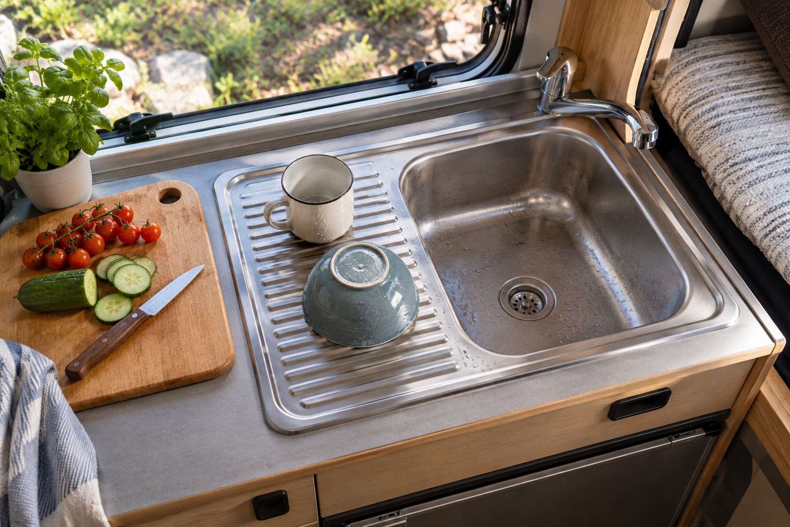 Stainless campervan sink and drainer with a cup and bowl