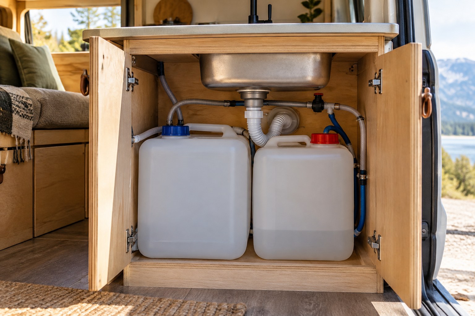 Water containers and accessible plumbing inside a sink cupboard